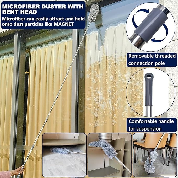 4 Pack 20+ Feet High Reach Dusting Kit with 3-14 ft Spliceable Pole //2 in 1 Window Cleaning Kit // High Ceiling Duster // Cobweb Microfiber Duster // Ceiling Fan Duster Cleaning Kit for Home Clean