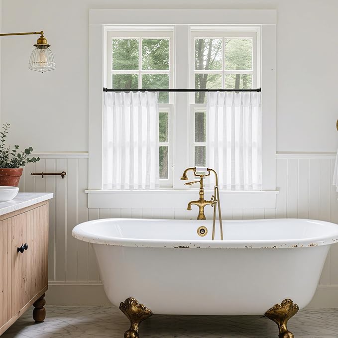 White Linen Kitchen Window Curtains 2 Panels Pinch Pleated Linen Cafe Curtains 24 Inch Length Light Filtering Semi Sheer Boho Snow White Short Tier Drapes for Small Window Basement Bathroom RV