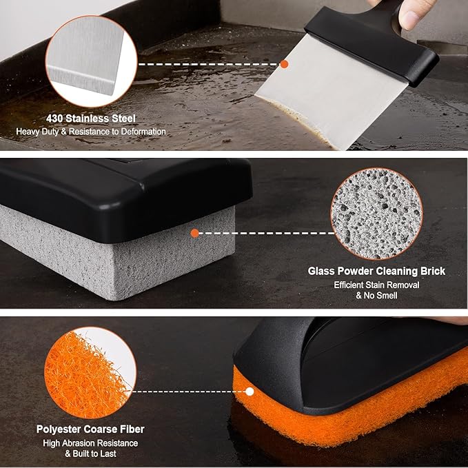 SHINESTAR 12-Piece Griddle Cleaning Kit for Blackstone Flat Top Grill, Includes Scouring Pads with Handle, Cleaning Brick, Scraper, Brush – Deep Cleaning, Degreaser & Stain Removal