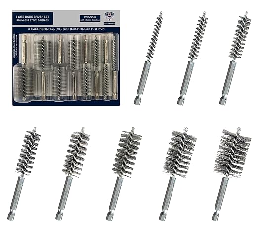[8-Size] Bore Brush Set, Stainless-Steel Wire Cleaning Brushes for Power Drill, 1(1/8) to 1/4-inch Diameter in 1/8-in increments (29, 26, 22, 19, 16, 13, 10, 7 mm), with Rotation Direction on Tag