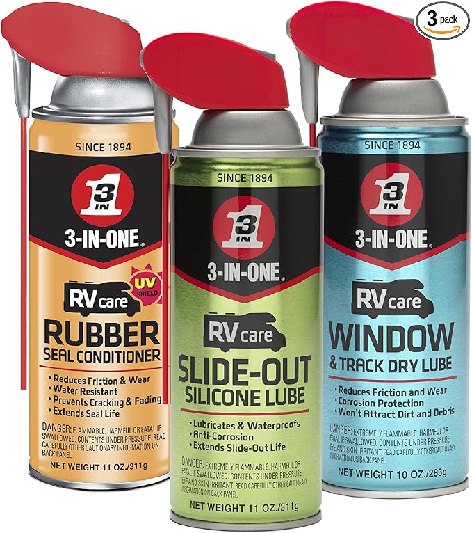 3-IN-ONE RV Care Trio Pack Includes Slide Out Lube 11 oz, Window & Track Lube 10 oz and Rubber Seal Conditioner 11oz.