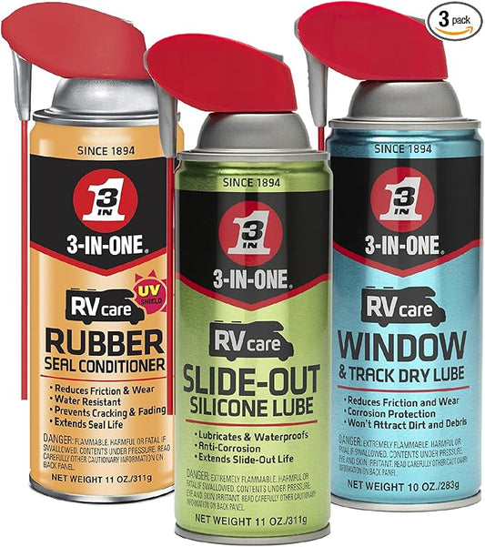 3-IN-ONE RV Care Trio Pack Includes Slide Out Lube 11 oz, Window & Track Lube 10 oz and Rubber Seal Conditioner 11oz.