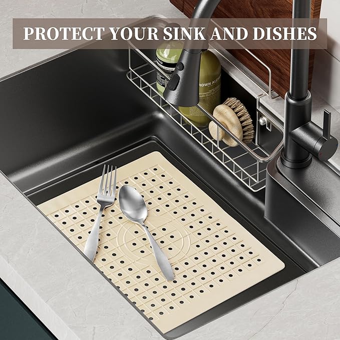 WILLKOMMEN Kitchen Sink Mat, 12" x 10" Rectangular Sink Protector Pad, Fast-Draining Grid Design Liner, Dish Drying Mat 2 Pack Beige