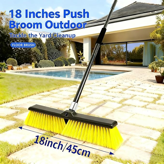 18 Inches Push Broom Outdoor- Heavy Duty Broom with 63" Long Handle,for Cleaning Outdoor or Indoor Tile, Garage, Floor, Deck