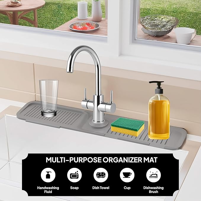 24 Inch Silicone Faucet Mat for Kitchen Sink Splash Guard & Draining Tray Sink Protector with Soap & Sponge Holder Grey (Purest Peak)