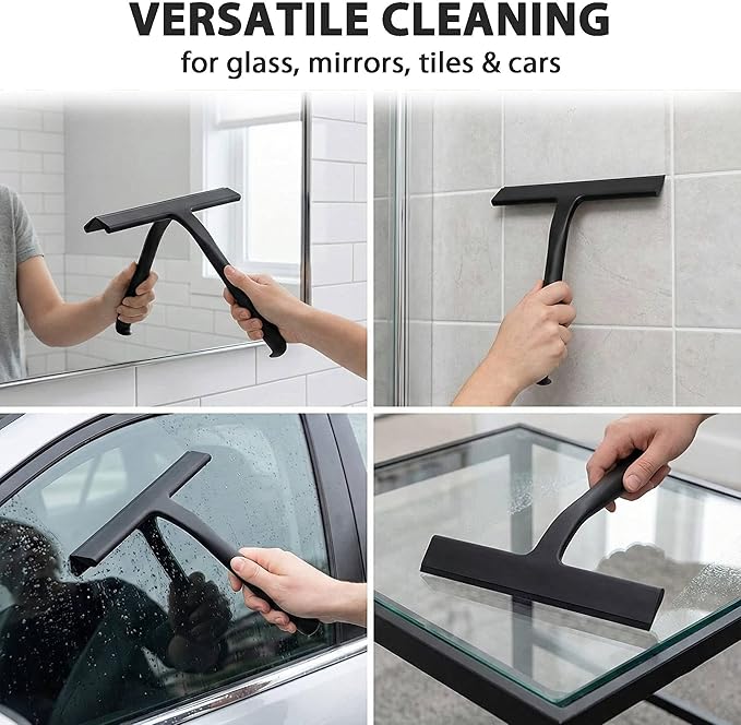 Shower Squeegee for Glass Doors, Hang Anywhere Silicone Shower Squeegee with Hook Design for Easy Hanging and Cleaning (Black)