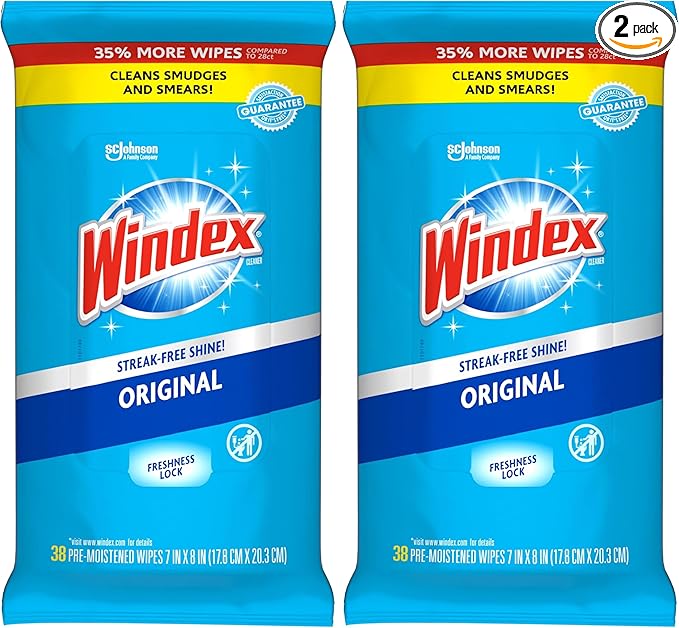 Windex Glass Wipes, Pre-Moistened | Original Scent | 38 Count | Pack of 2