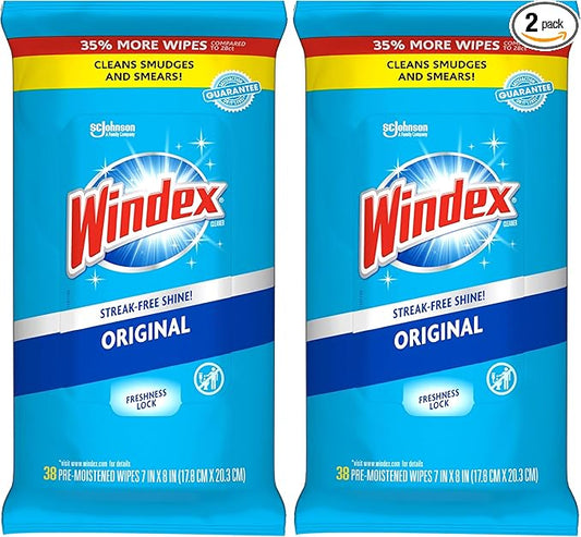 Windex Glass Wipes, Pre-Moistened | Original Scent | 38 Count | Pack of 2