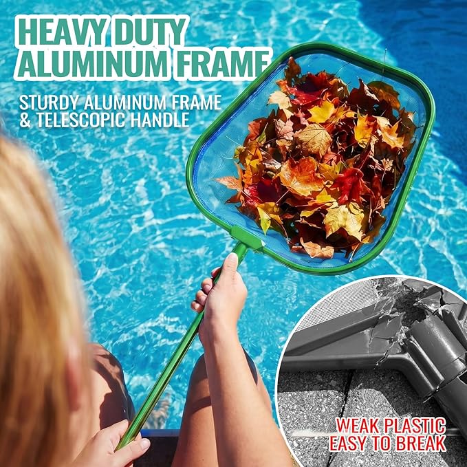 36" Hot Tub Pool Skimmer Net with Pole All-Metal Aluminum Frame & Handle for Small Above Ground Pools - Lightweight Pool Skimmer Net for Daily Leaves Bugs Removal Easy Cleaning, Metal Green