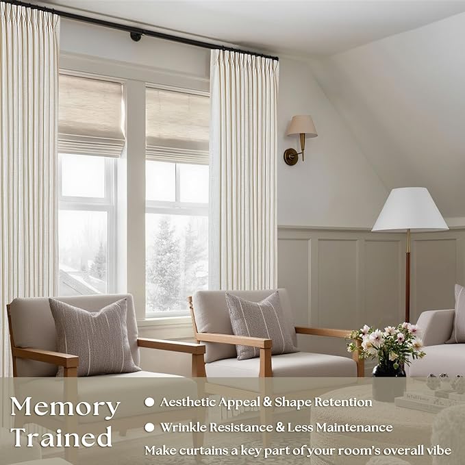 Pinch Pleated Linen Curtains 108 Inches Long for Living Room 2 Panels Set Cream Ivory Flax Double Pleated Drapes Back Tab Neutral Boho Ceiling Floor 108 Inch Window Curtains Bedroom Natural Birch