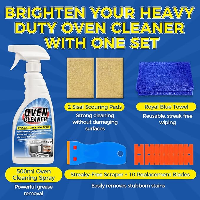 Oven Cleaner Heavy Duty 500ml, Complete Oven Cleaner Non Toxic Fume Free with Non-Scratch Scraper, Cloth, Easy Deep Clean for Racks, Grills, BBQ, Air Fryers, Kitchens, Outdoor and Vehicles