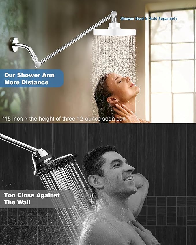 11 Inch Adjustable Shower Head Extension Arm With Locking Set Screw, Singing Rain 304 Stainless Steel Chrome Angle Height Adjustable, Easy Install, G1/2 Universal Connector Compatible (Chrome Finish)