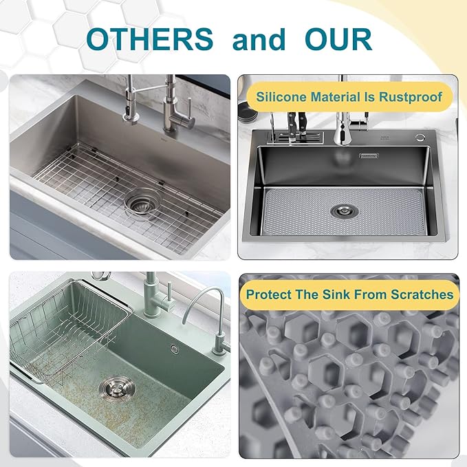 Silicone Sink Protectors for Kitchen Sink with Center Drain, 26'' x 14'' Kitchen Protector Accessory, Non-Slip Grid Mat for Bottom of Farmhouse Porcelain Stainless Steel (Center Hole)