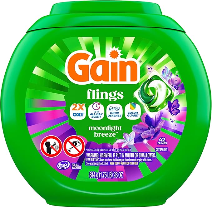 Gain Flings Liquid Washing Detergent Pods with Odor Defense + Color Guard, Moonlight Breeze Scent, 4-in-1 Liquid Laundry Detergent Pacs, Clean & Fresh, 42 Count (Packaging May Vary)