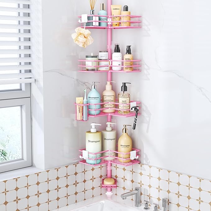 HapiRm Corner Shower Caddy Organizer - Shower Organizer Corner with Soap Holder, Toothbrush Holder and 4 Hooks, Rustproof Bathroom Shelf Tension Pole Available for 27.6 to 108.3 Inch - Pink