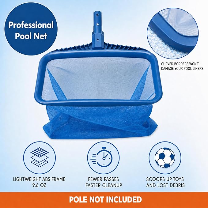 STARGOODS 20" Pool Skimmer Net - Heavy-Capacity Deep Bag Leaf Rake for Inground & Above Ground Pools - Fine Mesh Catches Leaves, Pet Hair & Debris - Pool-Safe Rounded Edges - Fits Standard Poles, Blue