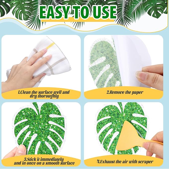 Yaomiao 24 Pcs Palm Leaves Non Slip Bathtub Stickers Shower Stickers Anti Slip Decal Threads Adhesive Appliques with Scraper Adhesive Decals for Safety Bathroom Tubs, Shower Floor, Stairs
