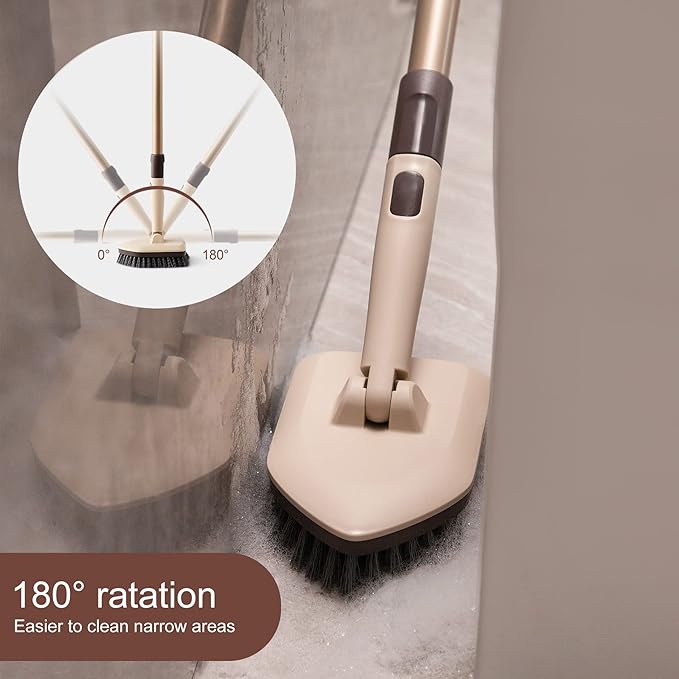 Eyliden Floor & Tub Scrub Brush, 2-in-1 Shower Floor Scrubber - 1 Stiff Bristles Brushes & 2 Non-Scratch Pads, 180°Swivel Head, 49" Adjustable Handle - Deep Cleaning Tub Bathroom Tile Kitchen Sink
