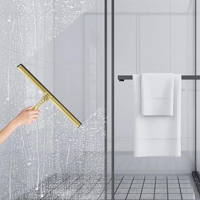 All-Purpose Silicone Shower Squeegee for Shower Glass Door,with 1 Hooks,for Bathroom Glass, Car, Tile Wall, Mirror Cleaning - Flower Shaped Handle for Easy-Grip 14 Inch Golden