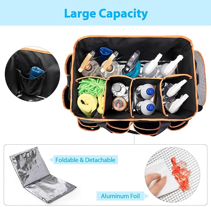 HODRANT Extra-large Wearable Cleaning Caddy, Organizer Bag for Housekeeper with Pad, Handle & Divider, Car Wash Tools Bag for Detailing Supplies, Orange Edge