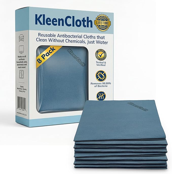 Reusable Antibacterial Cleaning Cloths – Removes 99.99% of Bacteria with Just Water | Silver-Embedded, Chemical, Odor, Streak & Scratch-Free for All Surfaces | 8 Pack