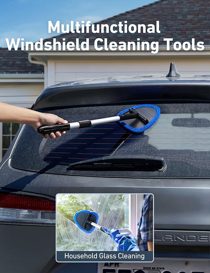 AstroAI 21" Windshield Cleaner Tool, Car Interior Detailing Cleaning Kit with Extendable Handle and 4 Upgraded High-Density Reusable Microfiber Pads, Auto Glass Wiper Brush Kit for Cars, Blue, 2 Pack