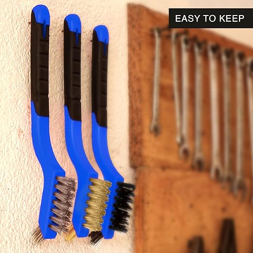 Wire Brush Set 3Pcs - Nylon/Brass/Stainless Steel Bristles with Curved Handle Grip for Rust, Dirt & Paint Scrubbing with Deep Cleaning – 7 Inches (Blue)