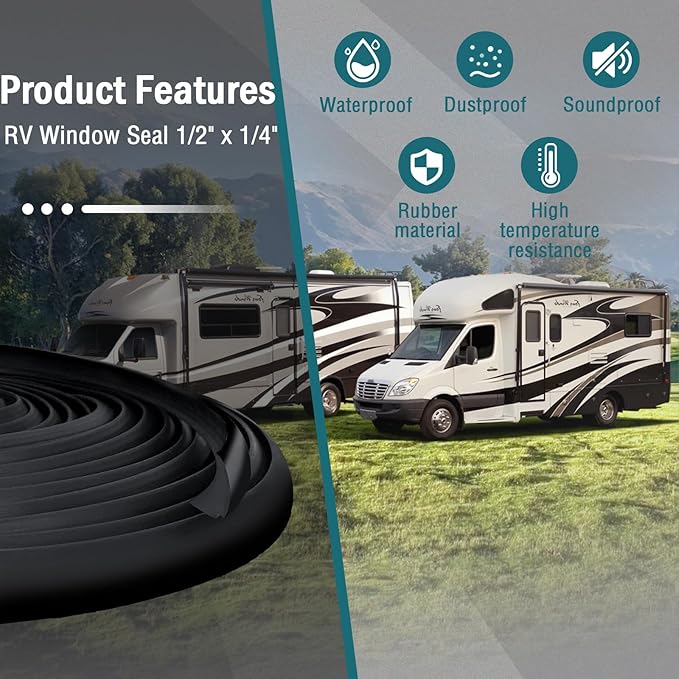 RV Window Seal 1/2" x 1/4", Rubber Windshield Gasket, Glass Edge Weather Stripping for Camper Boat Truck Car Home Application (25FT)