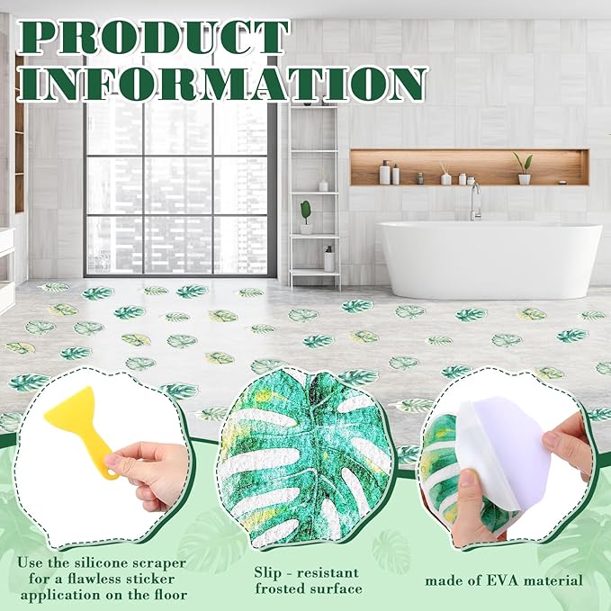 32 Pcs Cute Non Slip Bathtub Stickers for Shower Colorful Bathroom Anti Slip Shower Stickers Floor Applique Adhesive Decals with Scraper for Bathtub Bathroom Floor Pools(Monstera Deliciosa)