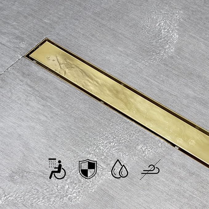 SaniteModar Linear Shower Drain, Gold Shower Drain 48 inch with 2 in 1 Tile Insert & Flat Panel, AISI 304 Stainless Steel Shower Floor Drain with Hair Strainer and Leveling Feet