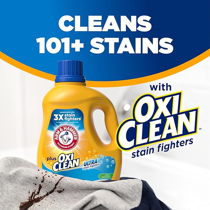 ARM & HAMMER Plus OxiClean Ultra Stain Fighters Liquid Laundry Detergent, Stain Remover for Clothes, Clean Meadow, 74 Loads, 96.2 fl oz