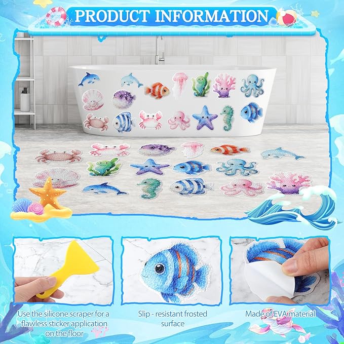 32 Pcs Cute Non Slip Bathtub Stickers for Shower Colorful Bathroom Anti Slip Shower Stickers Floor Applique Adhesive Decals with Scraper for Bathtub Bathroom Floor Pools(Sea)