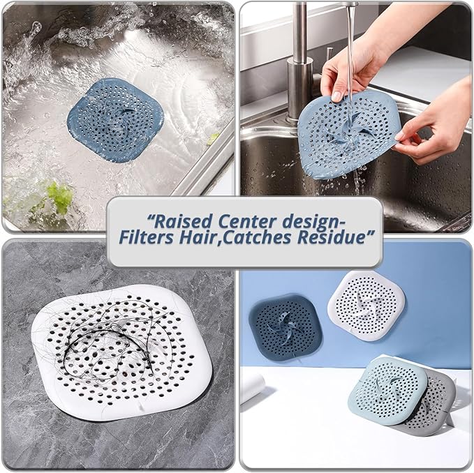 Drain Cover with Suction Cups, 4 Pack Hair Catcher Shower Drain Strainer Protector with TPR Material for Bathroom, Bathtub, Kitchen Sink, Easy to Clean, Household Use (Blue, Grey, Green, White)