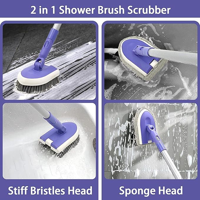 Tile Tub Scrubber Brush with 46.8" Extendable Long Handle, Shower Scrubber Cleaning Brush with 2 Different Function Cleaning Heads for Cleaning Bathroom Kitchen Wall Bathtub Floor