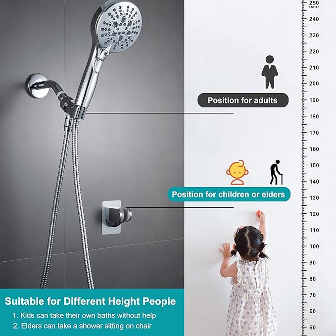 GwernKB Handheld Shower Head with on off Switch&Built-in Power Spray,7-Setting High Pressure Spray Shower Wand with 79in Long Hose&Bracket and Extra Adhesive Shower Holder for Lower Mount,Chrome