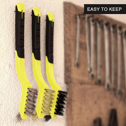 Wire Brush Set 3Pcs - Nylon/Brass/Stainless Steel Bristles with Curved Handle Grip for Rust, Dirt & Paint Scrubbing with Deep Cleaning – 7 Inches (Yellow)