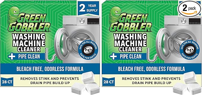 Green Gobbler Premium Washing Machine Cleaner & Deodorizer Tablets with Pipe, Drain & Hose Clean Technology | Front & Top Load Washers | 28 Count (Pack of 2)