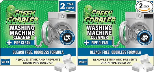 Green Gobbler Premium Washing Machine Cleaner & Deodorizer Tablets with Pipe, Drain & Hose Clean Technology | Front & Top Load Washers | 28 Count (Pack of 2)