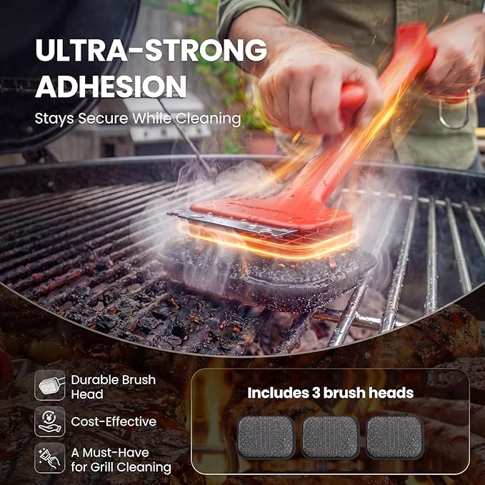 ThermoMaven Bristle-Free BBQ Grill Brush - No Wire Risk Steam Cleaner Removes Burnt Grease Fast - 17" Cool-Touch Handle, Scraper & 3 Replaceable Heads for Gas, Charcoal & Cast Iron