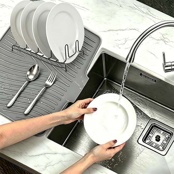 Silicone Dish Drying Mat,Dish Drying Pad,Kitchen Accessories,with Built-In and Non-Slip Drain,Easy Clean, Fit for Kitchen, Bar, RV, Refrigerator and Drawer Liner, 19.7 * 17 in Grey 1PCS by EBIGIC