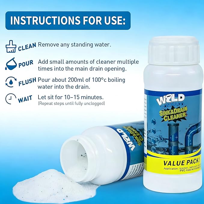 2pc Wild Tornado Sink and Drain Cleaner Powder - Powerful Pipe Dredge for Kitchen & Toilet, Drain Clog Remover, Pipeline Dredging Agent