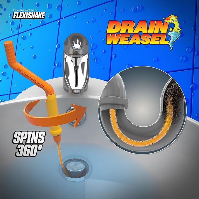 FlexiSnake Drain Weasel Sink Snake Hair Clog Remover Tool, Pipe, Bathroom, Bathtub Drain Cleaner, 24" Made in The USA 2 Wands and Removable Handle