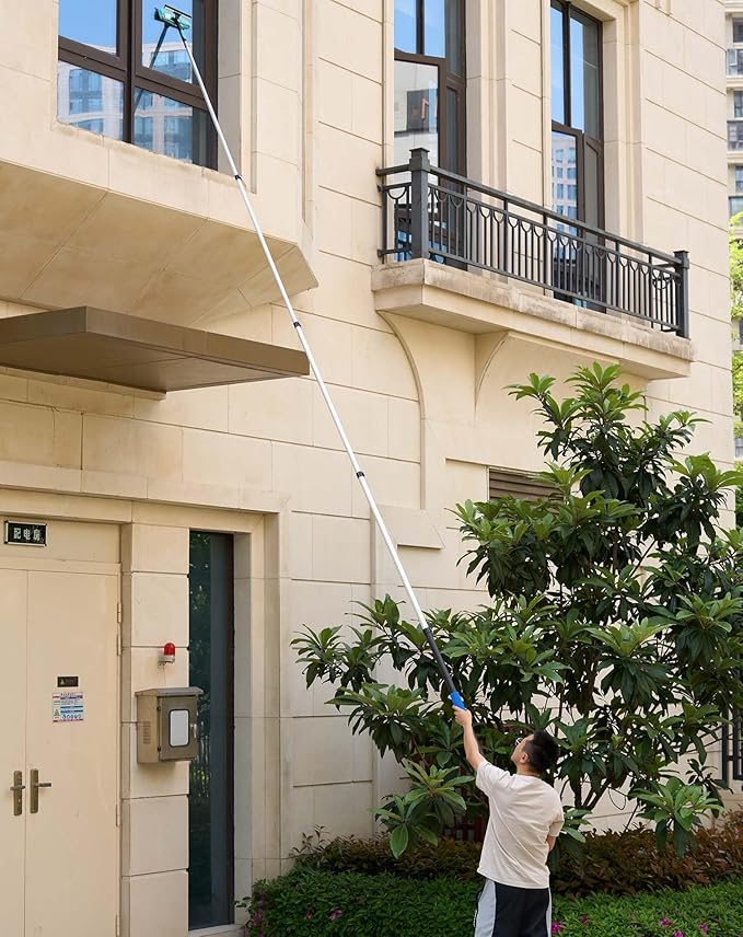 16 Foot High Reach Ceiling Fan Duster with 4.5-8ft Heavy Duty Extension Pole, Microfiber Feather, Cobweb Duster, Window Squeegee Kit Cleaner, Cleaning Gloves