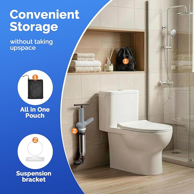 HAMITOR Toilet Plunger Drain Clog Remover: High Pressure Air Plunger & Heavy Duty Toilet Snake with Barometer for Sink, Drain Clogs - Unclogging Tool for Failed Traditional Plungers, Grey