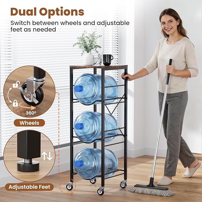 5 Gallon Water Jug Holder - 3-Tier Water Jug Rack with Wheel Reinforced X-Shape Design, 5 Gallon Water Jug Stand with Storage Shelves for Kitchen, Living Room, Office