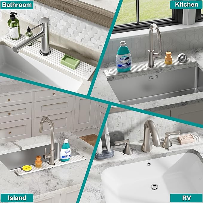 Stone Faucet Mat for Kitchen Sink - Quick Dry Diatomite Sink Splash Guard, Prevents Moisture Buildup & Water Stains, Water Absorbing Stone Tray for Bathroom Countertop (White, 30" x 4")