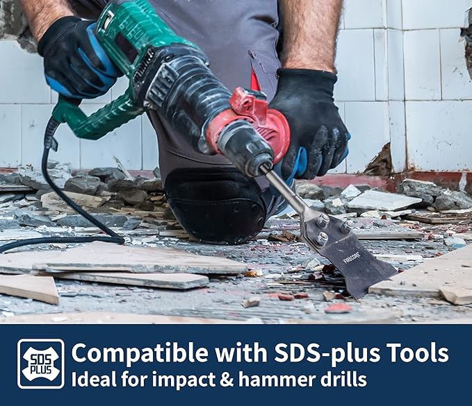 SDS Plus Floor Scraper with Spare Bolts and Nuts, Firecore 4 Inch x 10 Inch Rustproof Tile Removal Tool Thinset Remover Chisel Bits for Rotary Hammer Drill, Flooring Adhesives Remover FS23410B