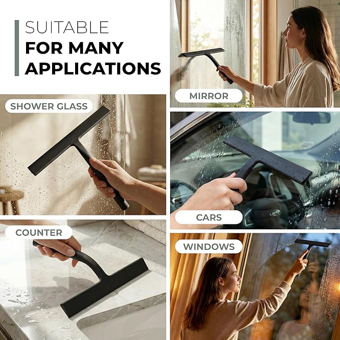 GÜTEWERK Shower Squeegee for Glass Doors, Silicone Window Squeegee, Bathroom and Glass Cleaning - Black - 11 Inch