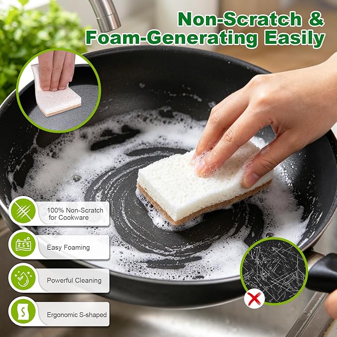 HOMEXCEL Sponges Kitchen, 24 Packs Non-Scratch Natural Sponge for Dishes Cookware, Biodegradable Cellulose Scrub Sponges for Dishwashing Cleaning Household Bathroom