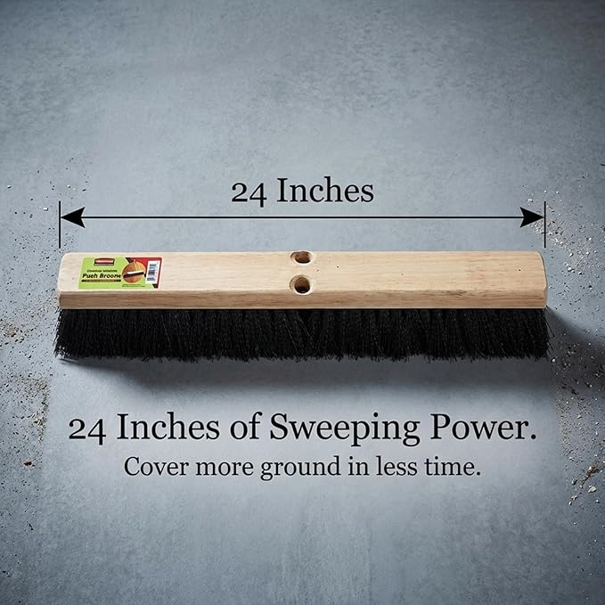 Black Indoor Push Broom Head – Heavy Duty Hardwood Block – Polypropylene Bristles – Deck Scrub Brush – Two Threaded Handle Holes for Better Assist (24")
